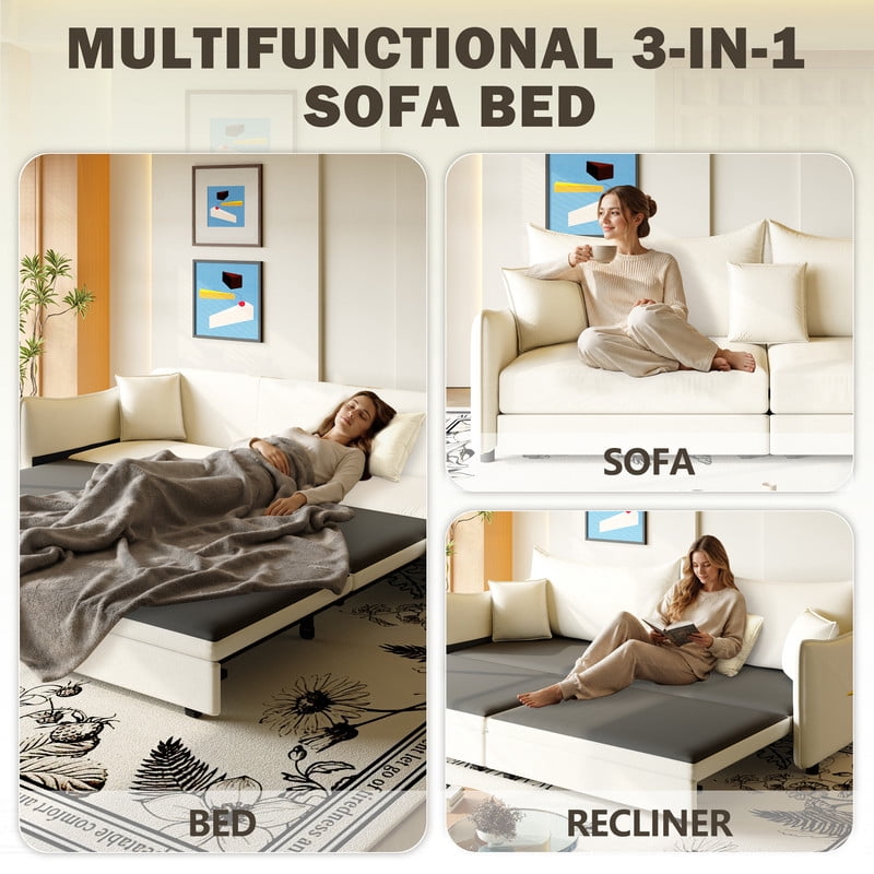 3-in-1 Convertible Pull Out Sofa Bed, 81.9'' King Size Sleeper Sofa Bed with Golden Accent Trim, Velvet 3-Seater Couch with 3 Pillows for Living Room, Small Space, Apartment