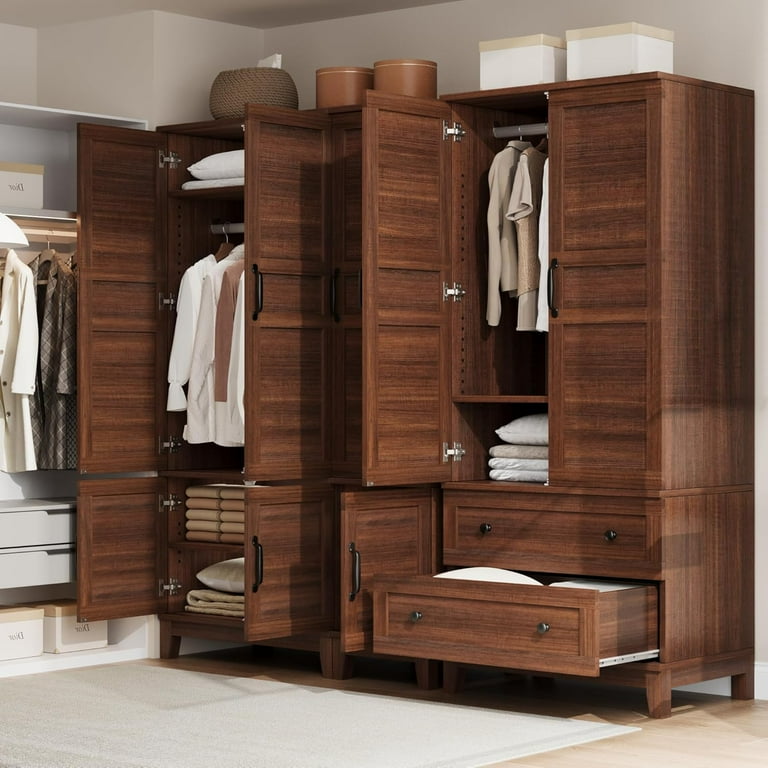 Tall Walnut Brown Wood Wardrobe Cabinet, 72 Inch Freestanding