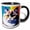 Black/White, variant on 3drose, Stylish Persian Cat Face, Blue and Yellow Background. Digital Art, 11oz Mug