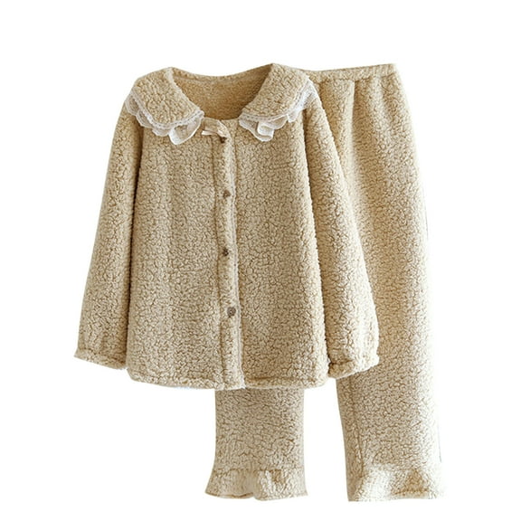 Besolor Fuzzy Pajamas Set for Women Cute Fleece Button down Tops and Pants 2 Piece Pjs Set Soft Plush Winter Sleepwear