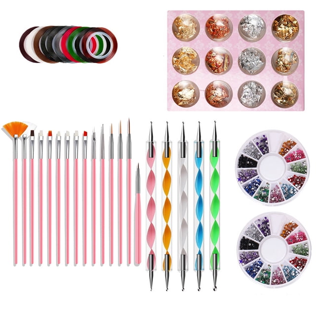 TZ-07 Professional Nail Art Tools Set - 15-Piece Kit with Painting Brushes, Dotting Tools, Foil Stickers, Rhinestones & Storage Tray, ABS Material, Compact 24.5x16x2cm Design, Lightweight 167g for