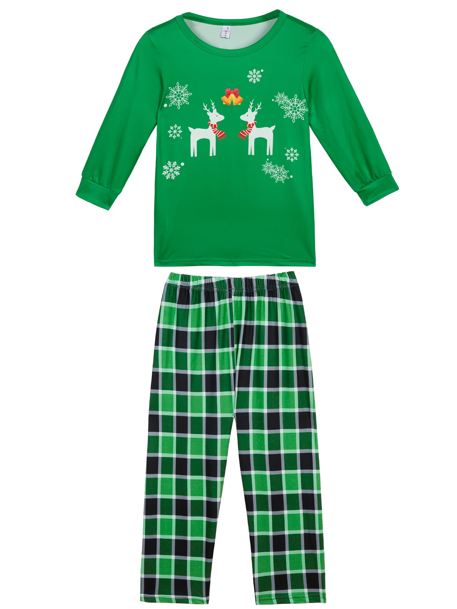 DARING DIVA Christmas Elk Printed Plaid Family Pajama Long Sleeve Tops with Pants Set XS Teen Green