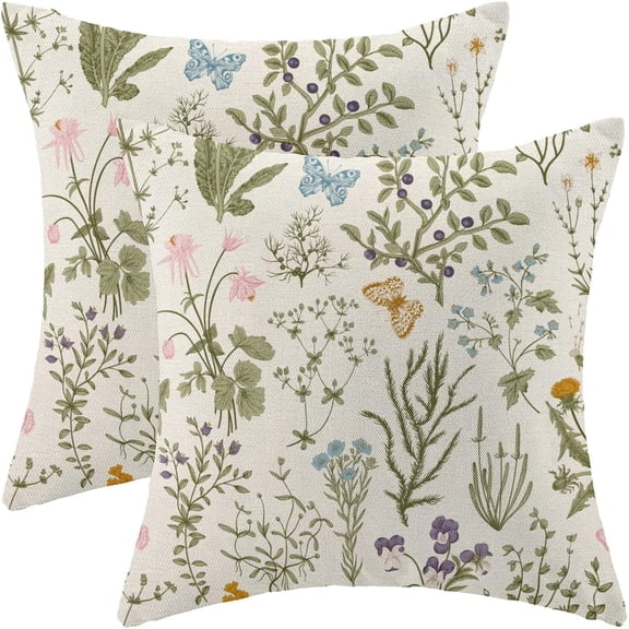 Spring Pillow Covers 16x16 Inch Set of 2,Sage Green Wild Flower Plant Throw Pillows Case,Seasonal Floral Outdoor Decorative Square Linen Farmhouse Decor Cushion Covers for Home Sofa Bed Couch