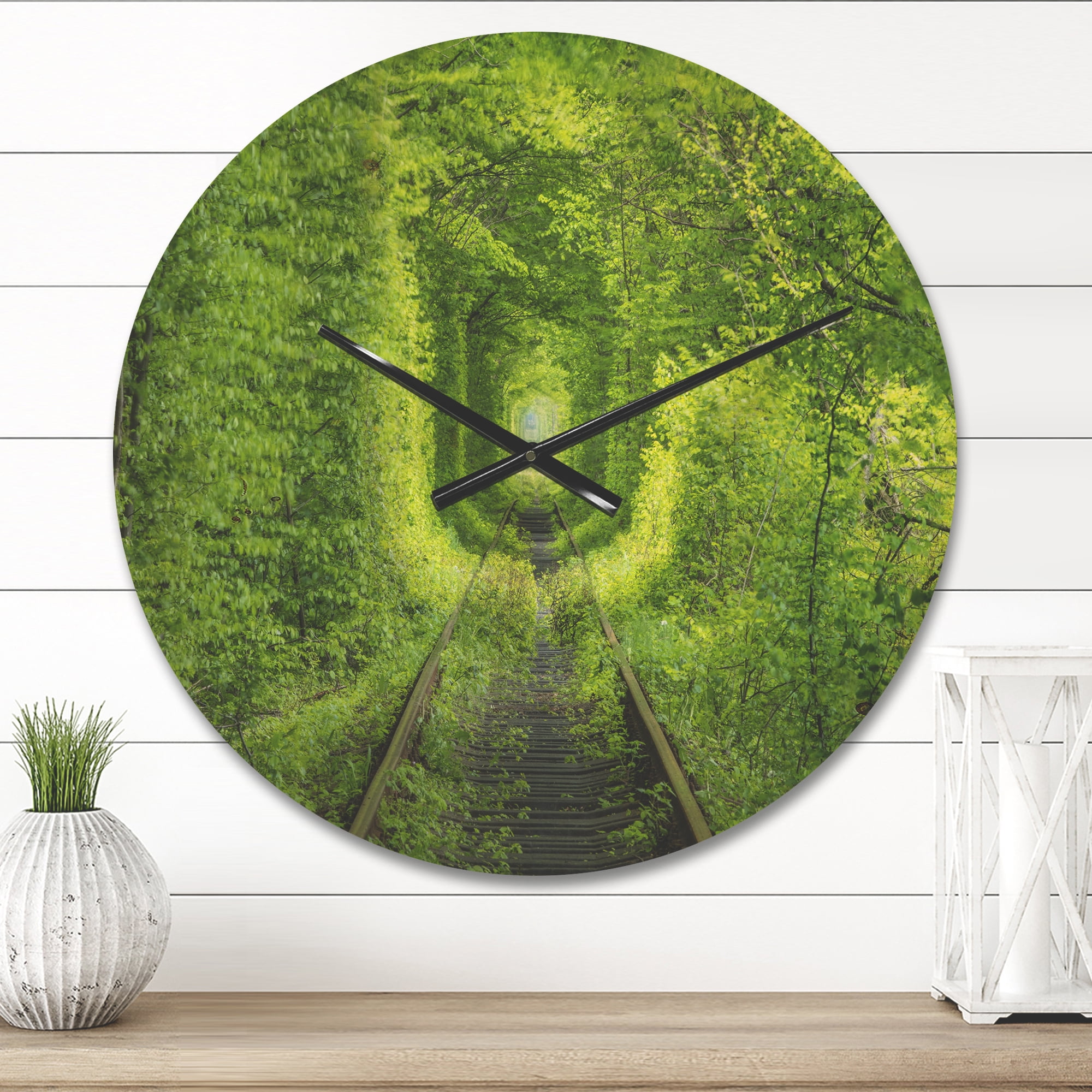 Designart 'Lush Green Forest around Rail Way Tunnel ' Modern Wood Wall Clock