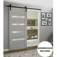 thumbnail image 3 of Sturdy Barn Door | Quadro 4113 Grey Ash with Frosted Glass | 6.6FT Rail Hangers Heavy Hardware Set | Solid Panel Interior Doors-28" x 96"-Black Rail, 3 of 6
