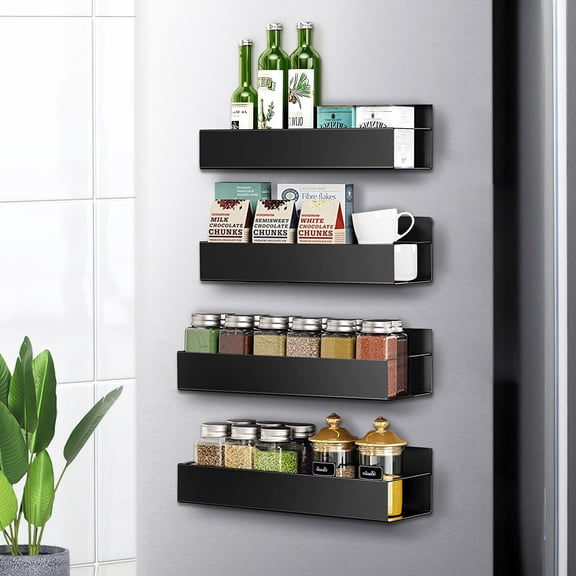 Magnetic Spice Rack for Refrigerator, 4 Pack Magnetic Shelf Moveable Fridge Shelf Organizer for Refrigerator Kitchen Storage Magnet Metal Holder (Black)