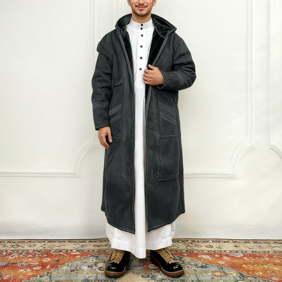 FAOWME Men's Hooded Robe With Pockets Long Sleeved Solid Color Plush Thickened Comfortable Warm Coats Jacket For Outdoor Activities Black 1