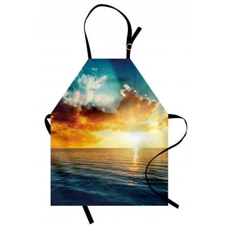Turquoise And Orange Kitchen Ocean Apron Majestic Sunset over the Sea Scenic Idyllic Aquatic View Morning Picture, Unisex Kitchen Bib Apron with Adjustable Neck for Cooking Baking Gardening, Turquoise Orange Blue, by Ambesonne ()