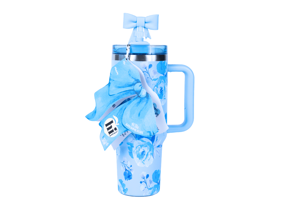 Hi Peach Layne Blue Floral Tumbler 40oz with Straw, Handle, & 30g Bath Bomb Inside, Limited Edition