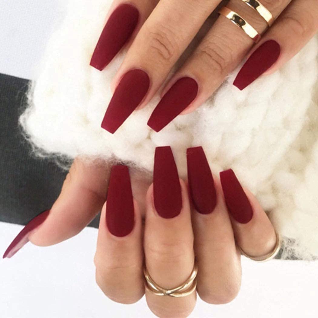 Dreamyn Glossy Coffin Fake Nails Long Ballerina False Nails Full Cover Acrylic Press On Nails For Women And Girls 24pcs Matte Dark Red Red Matte Walmart Canada