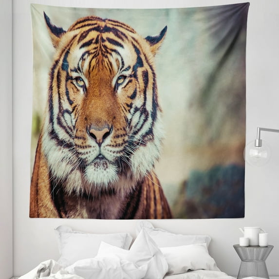 Tiger Tapestry, Large Feline in a Calm State with Blurred Background Close-up Image of a Beast, Fabric Wall Hanging Decor for Bedroom Living Room Dorm, 5 Sizes, Orange Multicolor, by Ambesonne