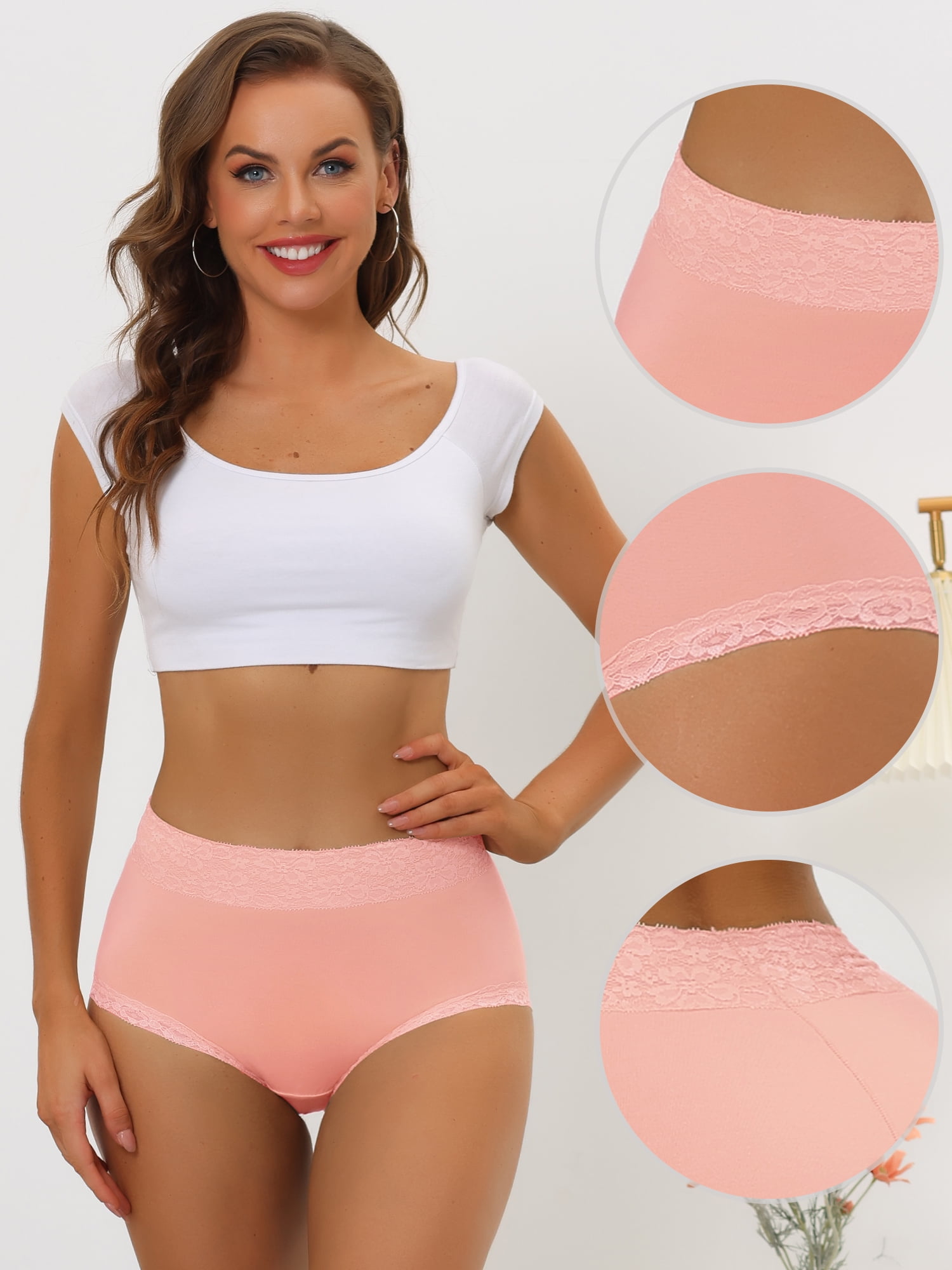 DARING DIVA Women's Cotton High-Lace Trim Tummy Full Coverage Brief Panties XL Pink