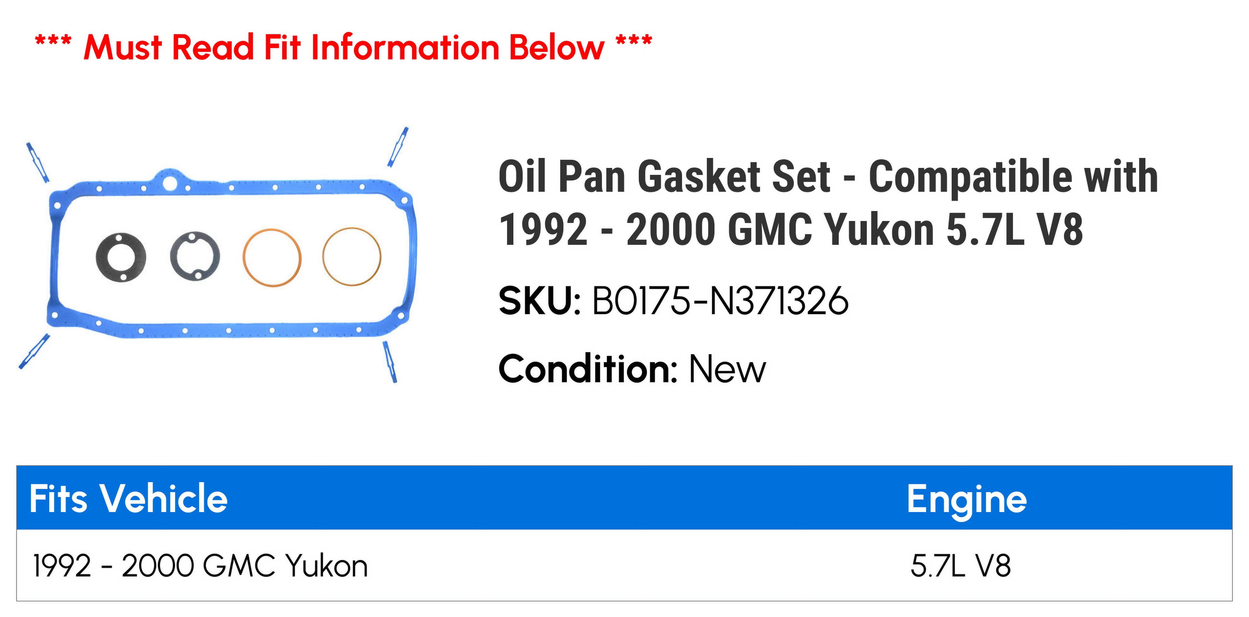 Oil Pan Gasket Set - Compatible with 1992 - 2000 GMC Yukon 5.7L V8 1993 1994 1995 1996 1997 1998 1999