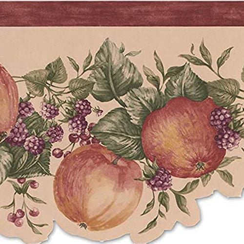 Concord Wallcoverings Wallpaper Border Kitchen Pattern Summer Apples Blackberries Blueberries, Green Foliage Red Beige Purple, 6.5 Inches by 15 Feet MF008161B