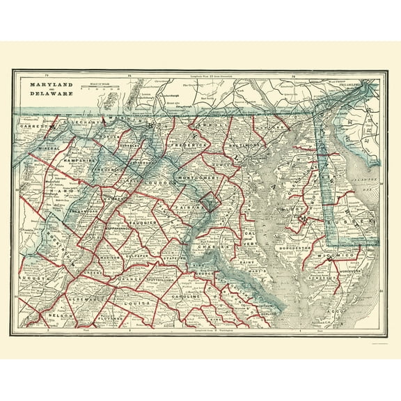 Historic State Map - Maryland Delaware - Rathbun 1893 - 23 x 28.94 - Vintage Wall Art