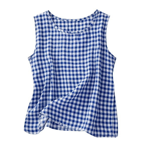 Womens Cotton Linen Sleeveless Tank Top Round Neck Casual Gingham Check Blouse Lightweight Breathable Spring Summer Beach and Vacation Wear