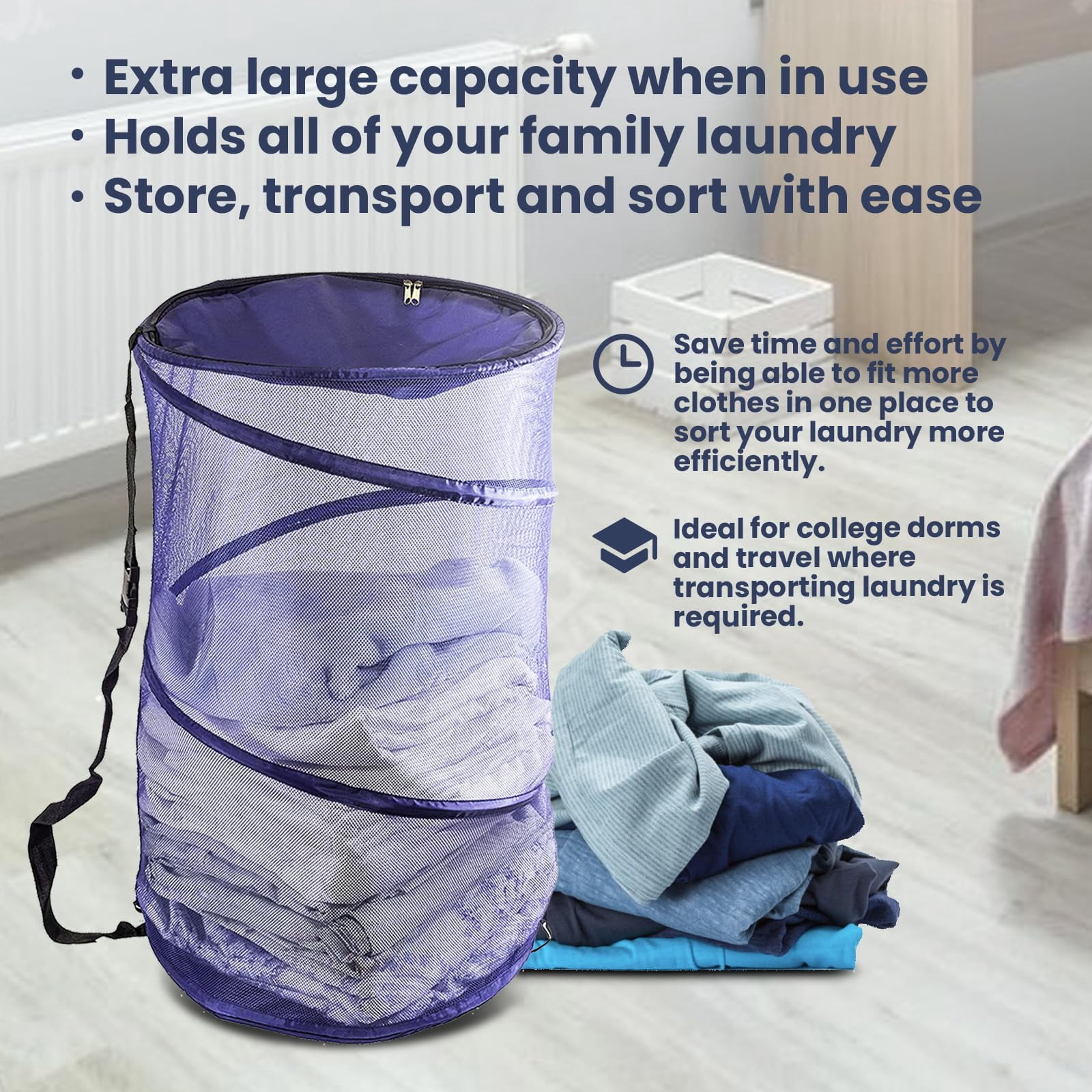 Maypes Collapsible Wire Mesh Laundry Hamper – Portable, Durable Pop-Up Laundry Basket & Storage Bag + Straps, Zippered Top Cover – Tall, Multi-Purpose Organizer for Closet, Toy, Garage, Sporting