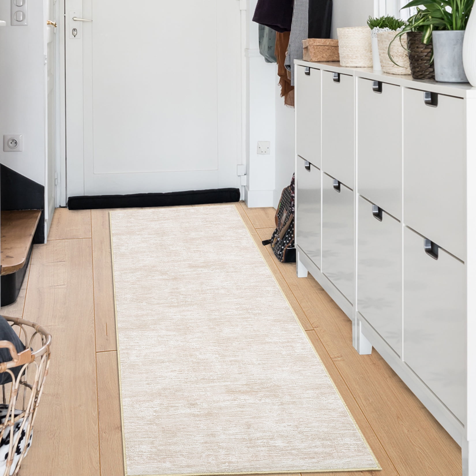 GlowSol 2'x6' Runner Rug Kitchen Hallway Runner Rug Modern Abstract Solid Rug Low Pile Non-Slip Bedroom Runners for Laundry, Beige