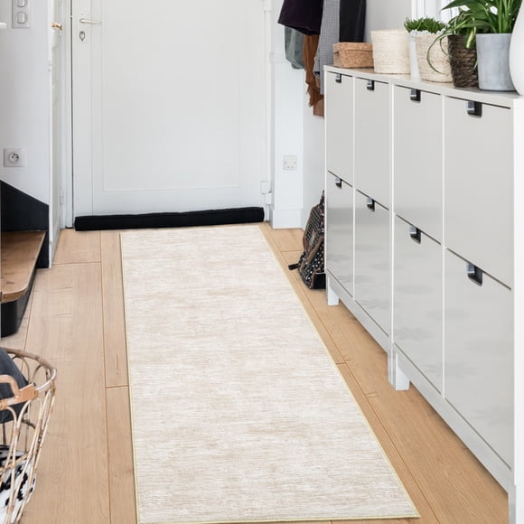 Hasoo 2' x 6' Runner Rug for Hallways Solid Washable Non Slip Kitchen Mat Indoor Beige Carpet