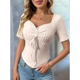 thumbnail image 4 of Women'S Solid Color Casual Short Sleeves Pullover Slim Pleated Short Top Comfort Drawstring Tops Apricot M, 4 of 9