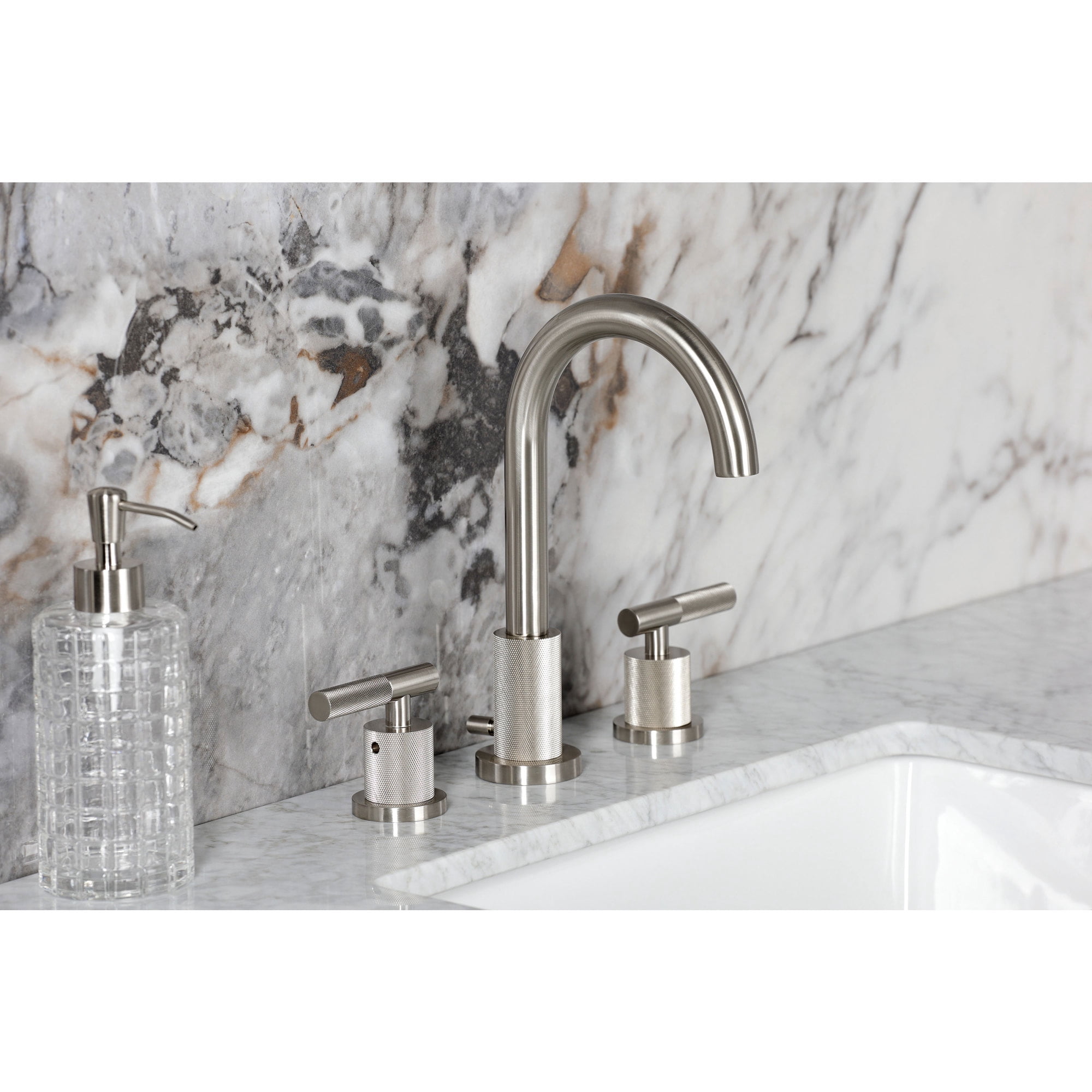 Kingston Brass FSC8928KNL Convergent Two-Handle 3-Hole Deck Mount Widespread Bathroom Faucet with Knurled Handle and Brass Pop-Up in Brushed Nickel