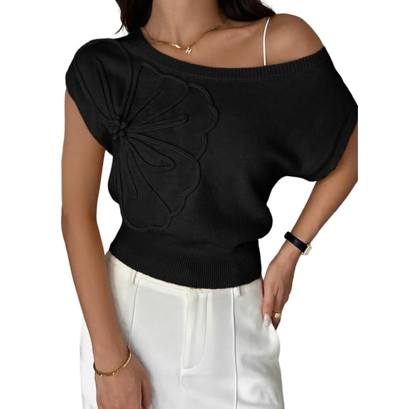 Women'S Summer Off Shoulder Floral Sweaters Cap Sleeve Loose Knit Cute Pullover Tops Black S