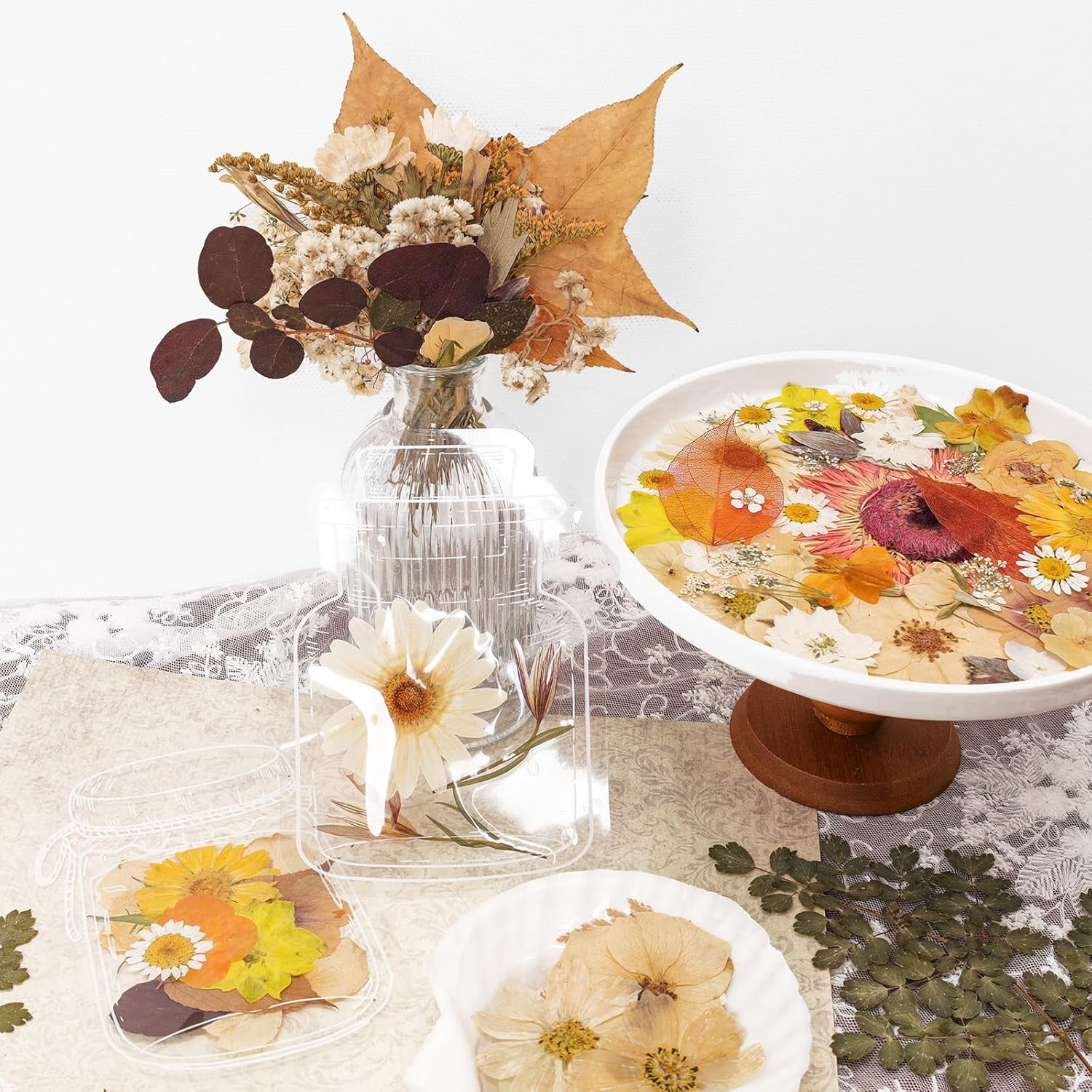 Dried Pressed Flowers Real Pressed Flowers Natural Dry Leaves Bulk Mixed Colorful Herbs Kit with Tweezers for Scrapbooking DIY Candle Jewelry Crafts Making Nails
