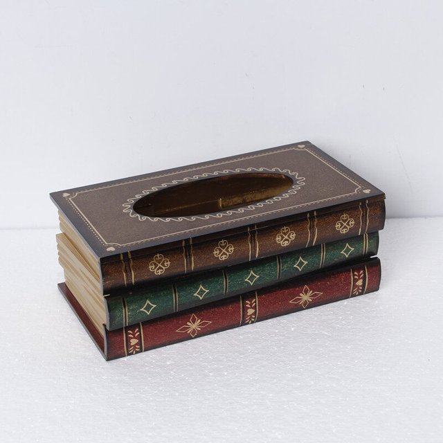 Hecho a mano clásico retro de madera antiguo libro caja de pañuelos cubierta rectangular soporte de pañuelos dispensador de papel cubierta caso servilletero decoración del hogar para baño sala de
