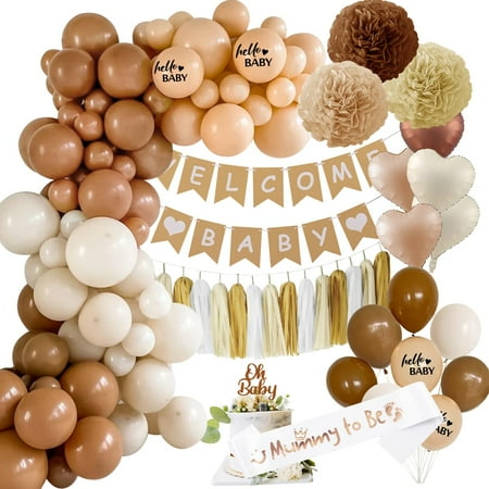 Baby Shower Decorations, Elegant White Gold Beige Neutral Baby Shower Balloons Set, Baby Banner Cake Topper Tassels for Gender Reveal Party Decorations