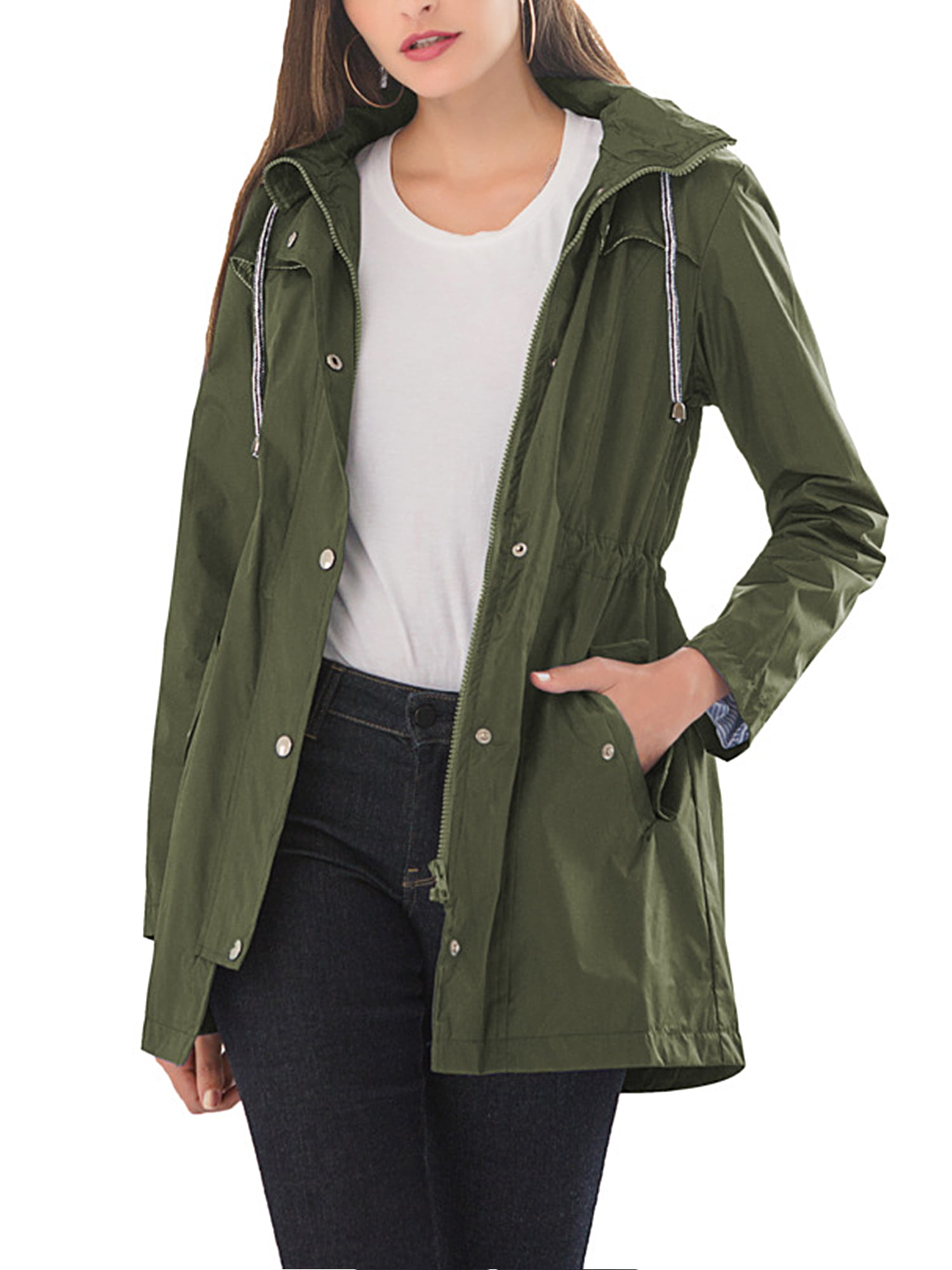 Rainproof Coat Women’s Solid Outdoor Windproof Sun Protection Sportswear Rain Jackets with Hood Flap Pockets Long Sleeve Plus Size Windbreaker Sweatshirts 