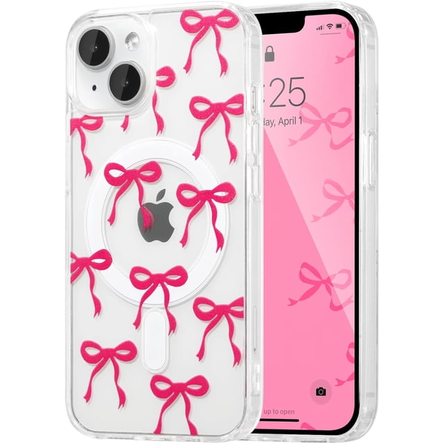 WWS-Magnetic for iPhone 14 Plus/15 Plus Case, Bow Case Compatible with MagSafe, Wireless Slim Clear Ribbon Aesthetic Phone Cover Anti-Yellowing Shockproof Protective Cover for Women Girl - Rosy