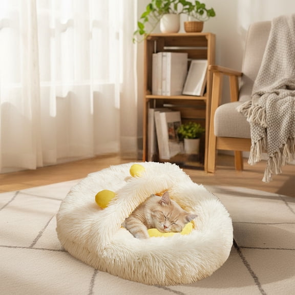 Foldable Indoor Dog and Cat House with Soft Cushion, Enclosed Warm Kennel Bed for Small to Medium Pets, Cozy Winter Puppy Cave, 19.7x15.7in, Gray/White/Khaki