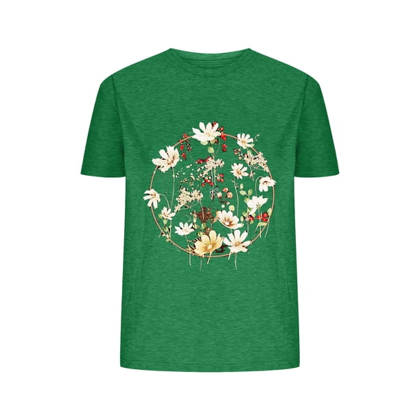 Blusas de Verano de las Mujeres Flor Impresa Cuello Redondo Manga Corta Superior, Verano Superior de las Mujeres