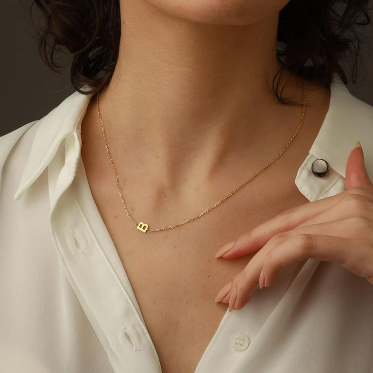 LuckFairy Dainty Gold Initial Necklace For Women – 14k Gold Plated Sideways Letter Choker