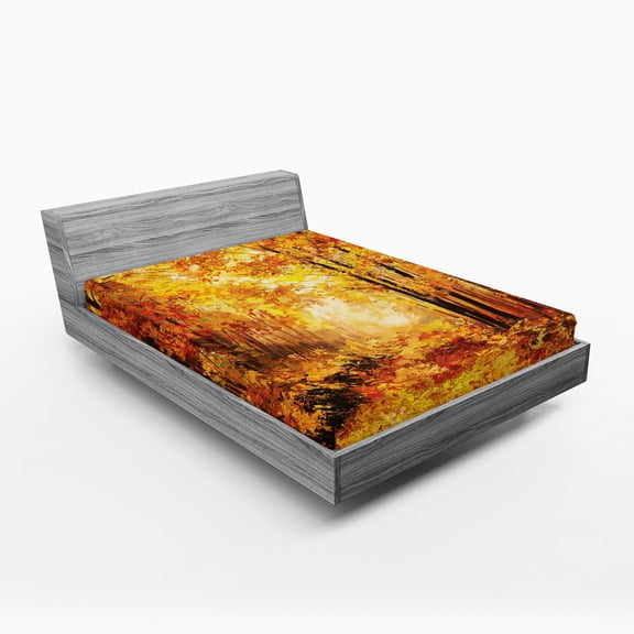 Ambesonne Nature Fitted Sheet, Autumn in Relax Forest, Full Size, Orange Brown