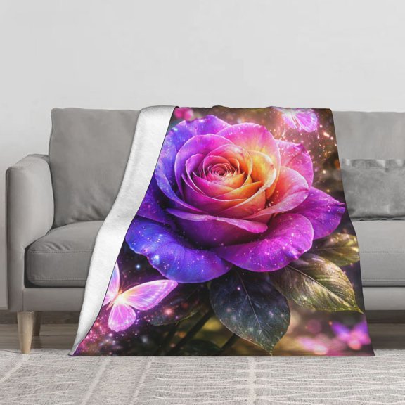 Colorful Rose Butterfly Floral Flannel Throw Blanket Soft Blankets for Bed Sofa