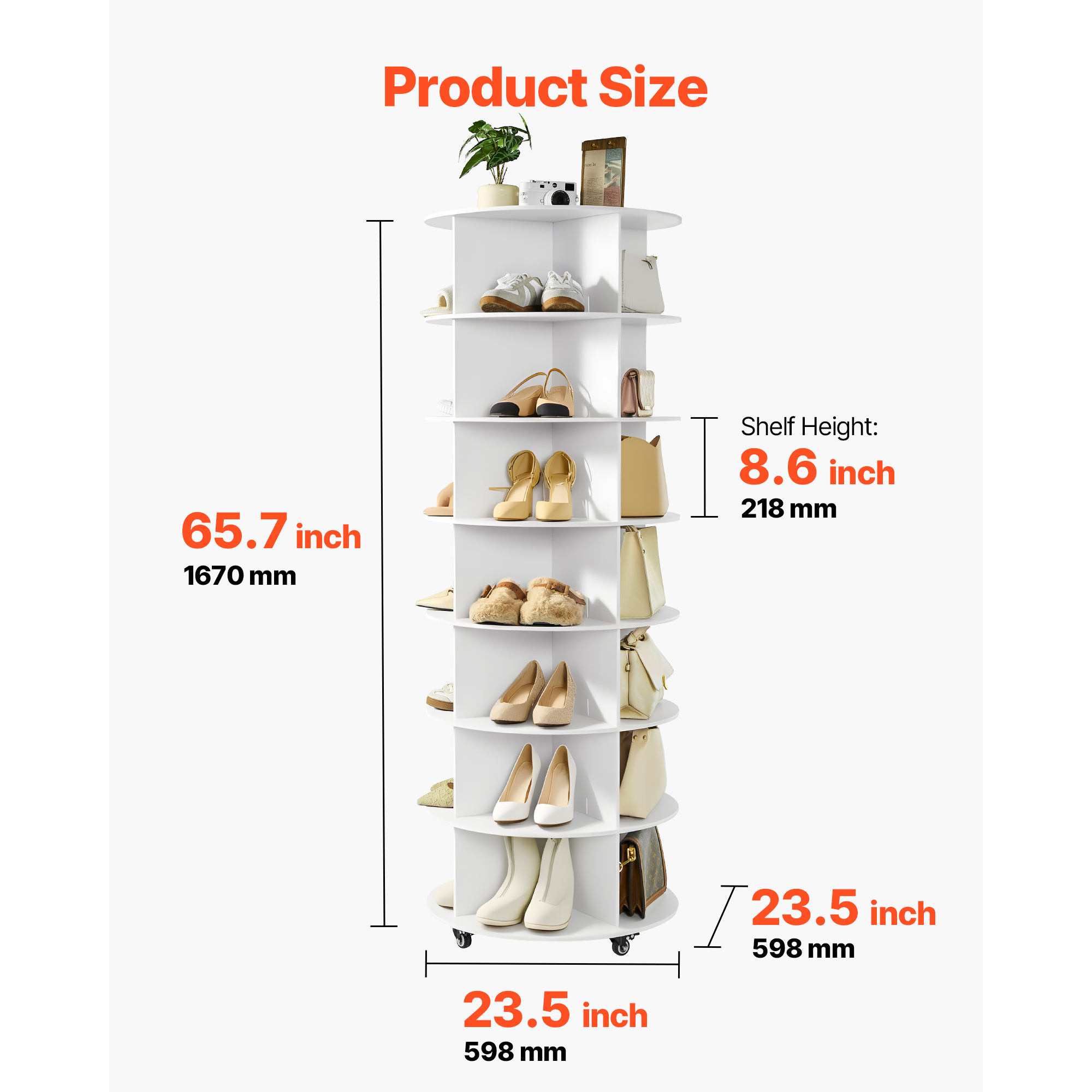 KFFKFF 7-Tier Rotating Shoe Rack Tower with Wheels, 360° Spinning Carousel Organizer, Movable Closet Shelf for Entryway or Living Room, White