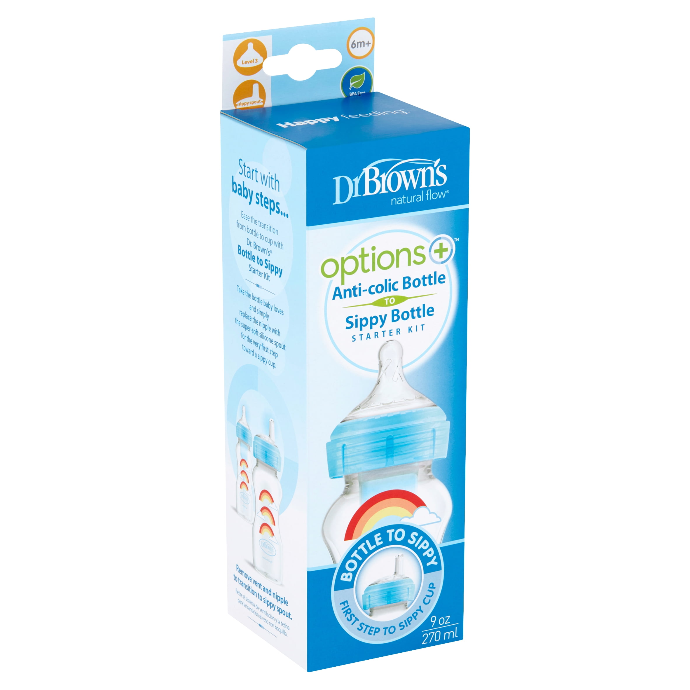 Dr Brown's Natural Flow Options+ 9 oz Anti-colic Bottle to Sippy Bottle Starter Kit, Level 3, 6m+