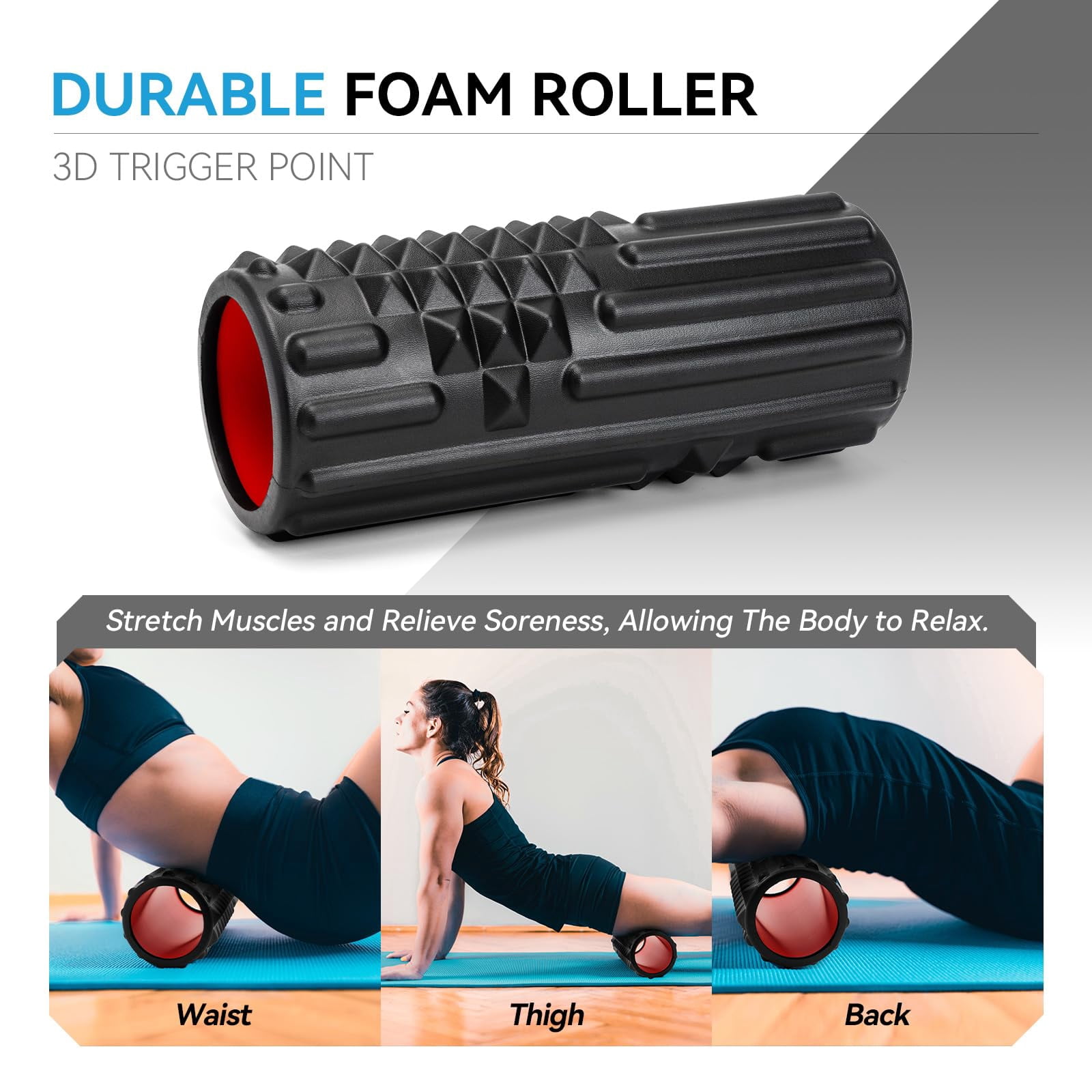 5 In 1 Foam Roller Set  High Density Fitness Exercise For Deep Tissue Massage Ball Resistance Band Whole Body(black)