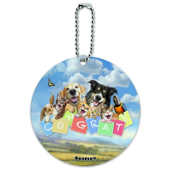 Pet Congratulations Selfie Dogs Cats Round Luggage ID Tag Card Suitcase Carry-On