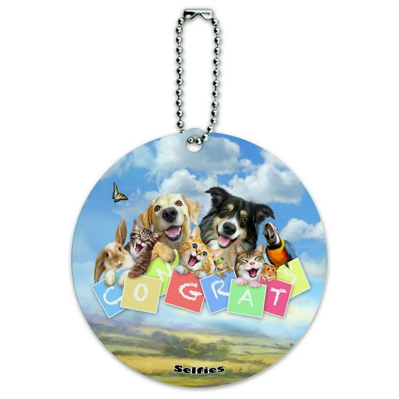 Pet Congratulations Selfie Dogs Cats Round Luggage ID Tag Card Suitcase Carry-On