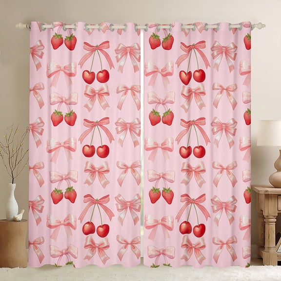 jejeloiu Sweet Cherry Strawberry Black Out Curtains,Cute Cartoon Bowknot Curtains Pack of 2 (42x63 Each),Pink Bowtie Bow Bedroom Curtains For Girl,Super Cozy Room Decor