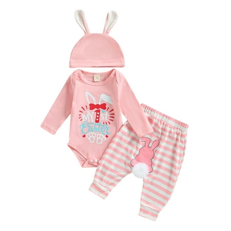 

Infant Baby Boys Girls Easter Jumpsuit Set Letter Rabbit Print Long Sleeve Romper + Stripe Long Pants + Hat