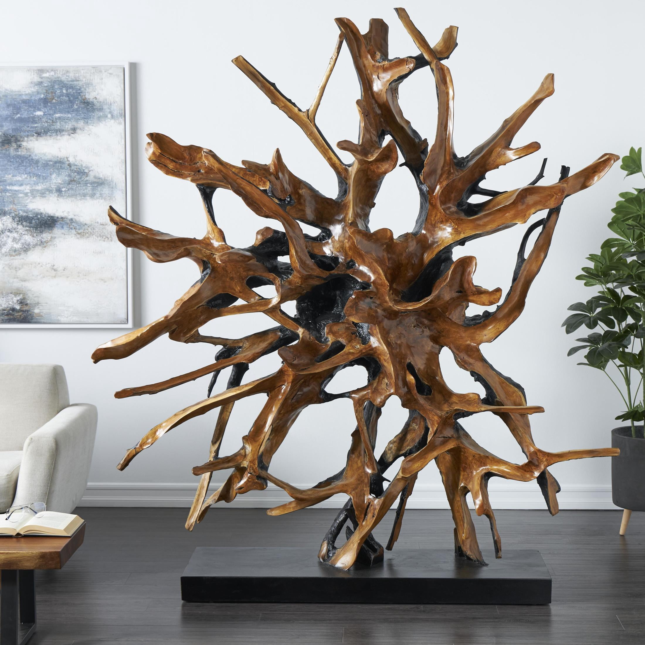 77" x 75" Brown Teak Wood Handmade Large Oversized Tree Root Floor Abstract Sculpture with Live Edge Teak Base, by DecMode