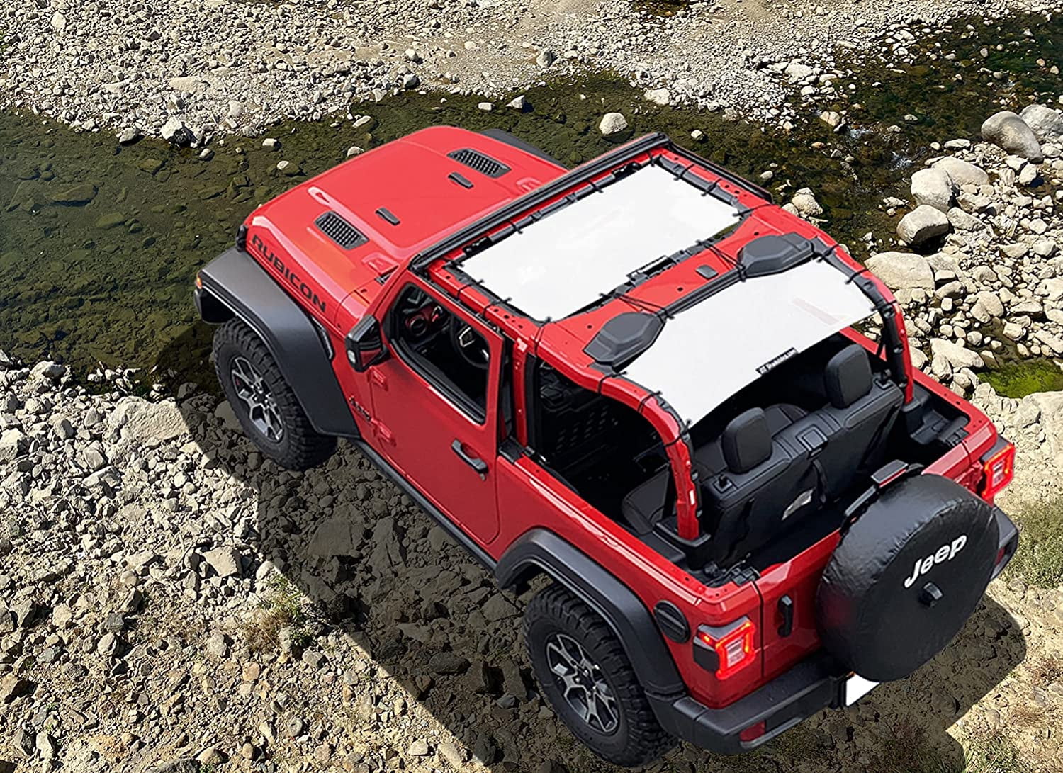 Shadeidea JL Sun Shade for Jeep Wrangler 2 Door Top Sunshade ( 2018 - Current ), Front & Rear - White Mesh Screen Wrangler Cover, UV Blocker with Grab Bag Pouch - 10 Years Warranty
