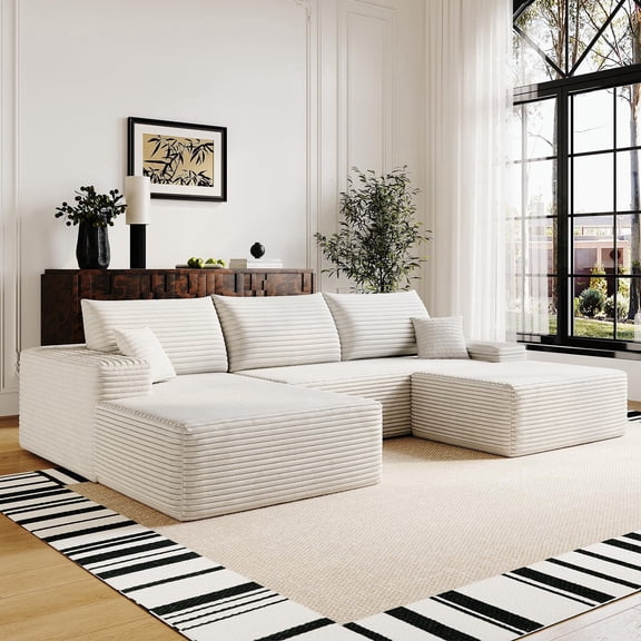 107.5" Compressed Boneless Couch with Ottoman, 2 Seater Large U Shaped Sectional Couches for Living Room, White Corduroy Cloud Modular Sectional Sofa, Memory Foam, No Assembly,Light Facing Chaise