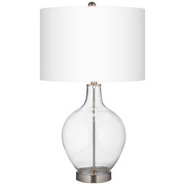 Color Plus Modern Table Lamp Fillable Clear Glass Ovo White Linen Drum Shade For Living Room Family Bedroom Bedside Nightstand Com Color Plus Modern Table Lamp Fillable, Large Clear Glass Base Table Lamp