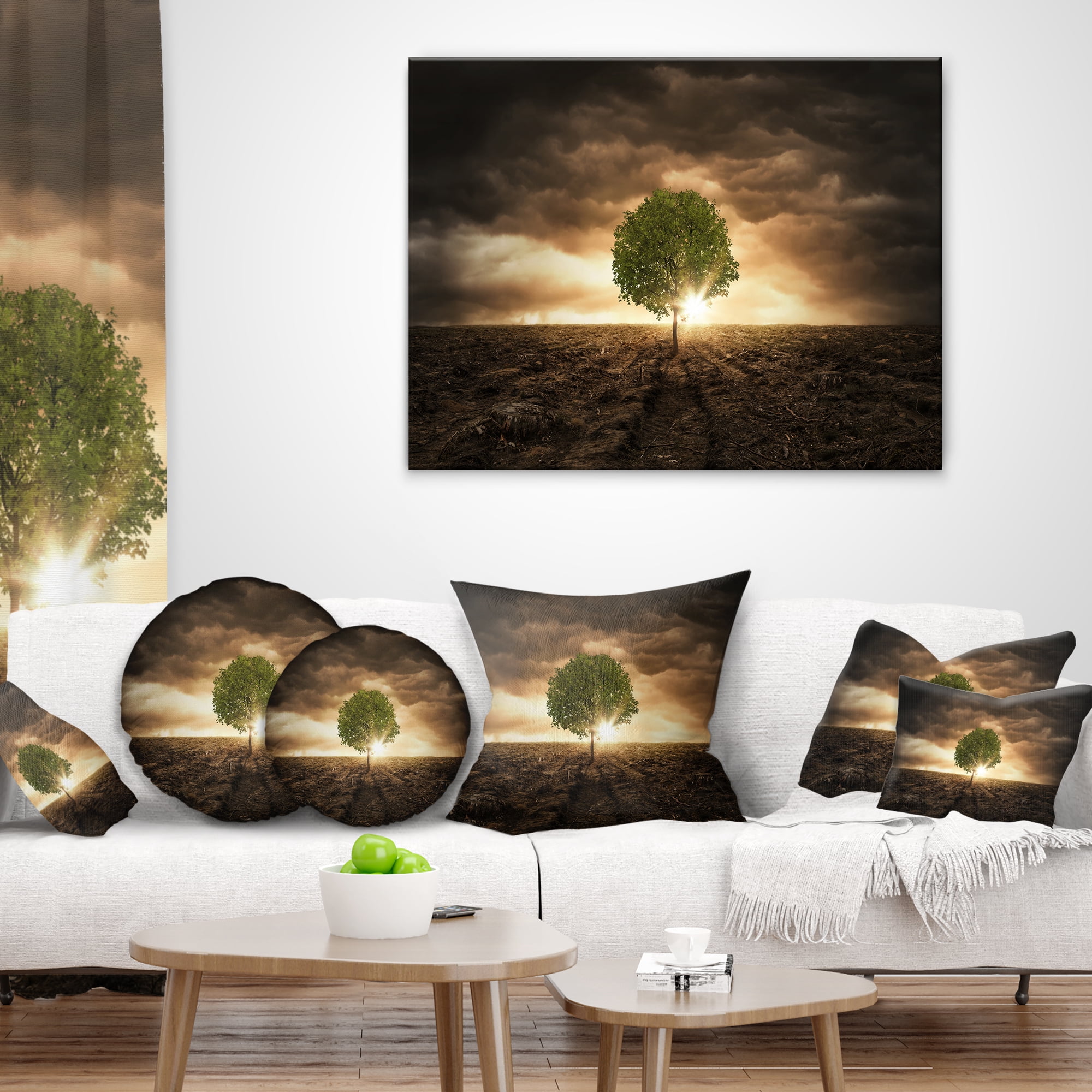 Designart Lonely Tree under Dramatic Sky - Landscape Printed Throw Pillow - 18x18