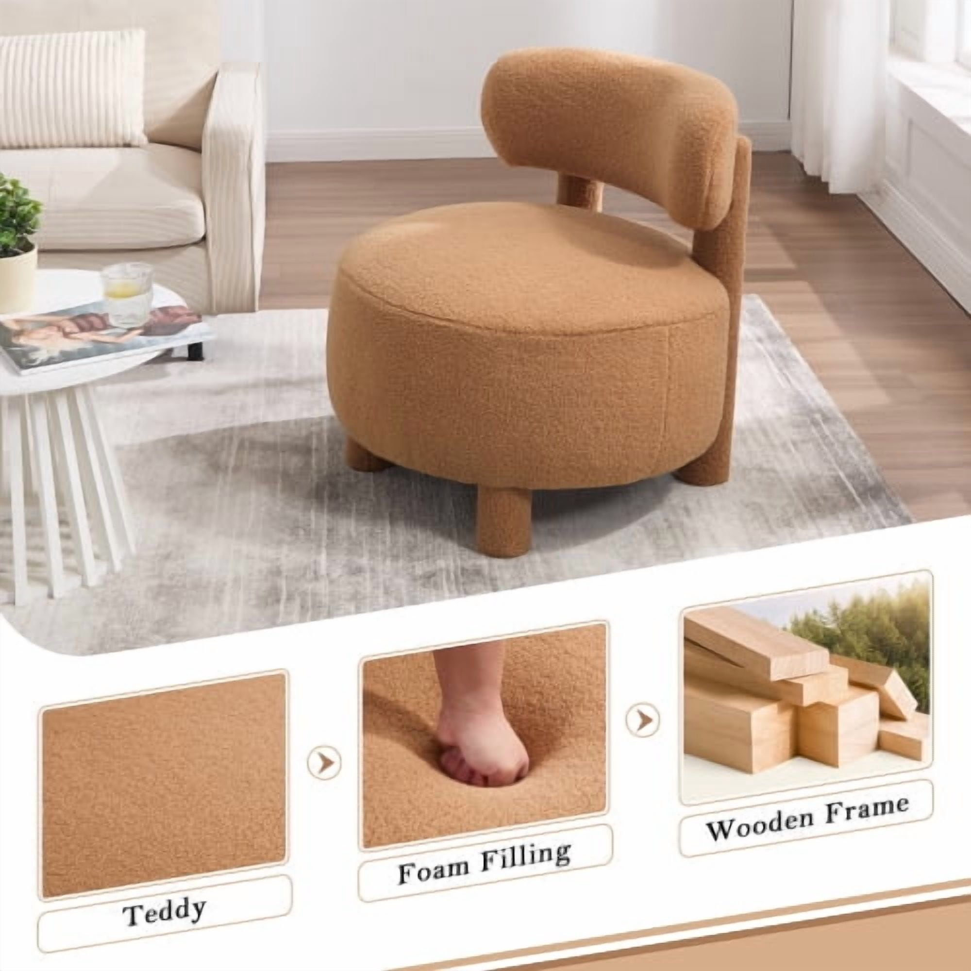 MOONMISS Accent Chair With Curved Backrest And Solid Wood Legs Upholstered Chair Slipper Side Chair For Primary Living Space Bedroom Vanity Room Or Reading Room ,Khaki-Teddy