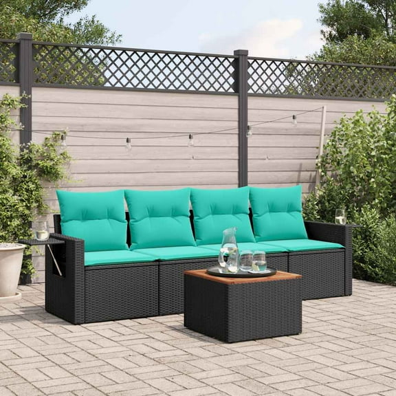 vidaXL 5 Piece Patio Sofa Set with Cushions Black Poly Rattan